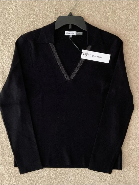 NWT Calvin Klein Black Pullover V-Neck Sweater - Picture 1 of 9